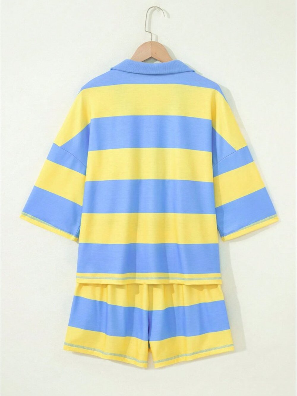 Yellow Casual Women's Light Striped Collared Quarter-Zip Top and Shorts Set - Picture 5 of 9